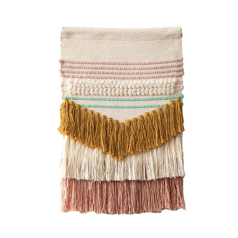 Macrame Wall Hanging with Fringe, hand-knotted cotton texture