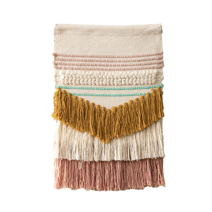 Macrame Wall Hanging with Fringe, hand-knotted cotton texture