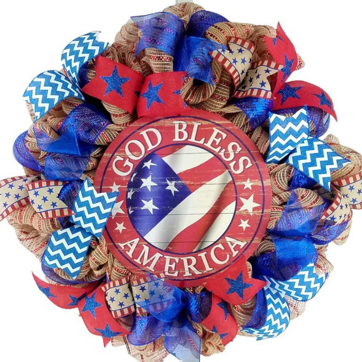 Unisex nan handcrafted Americana medallion wreath with layered deco mesh ribbons star motif bows and rustic sign Kalsten