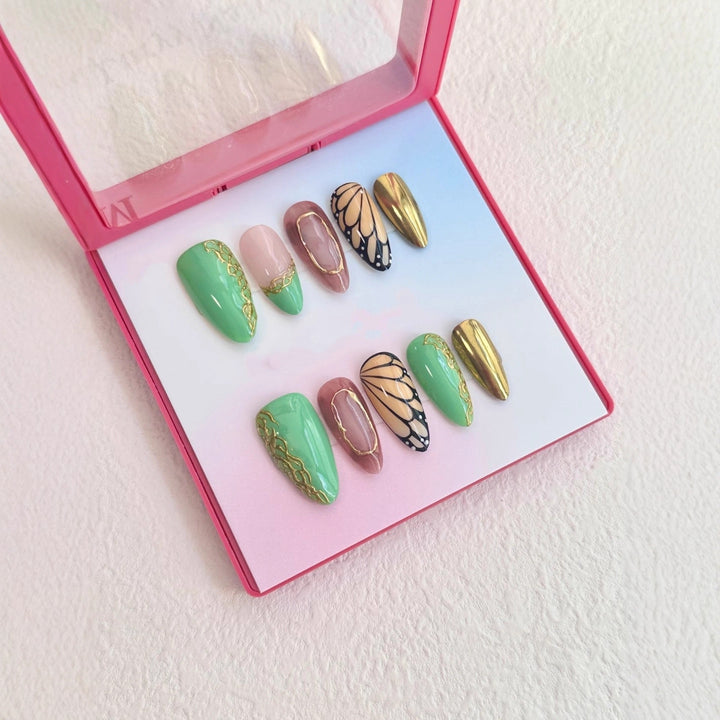 Artistic Press-On Nail Set with Elegant Butterfly and Floral Accents