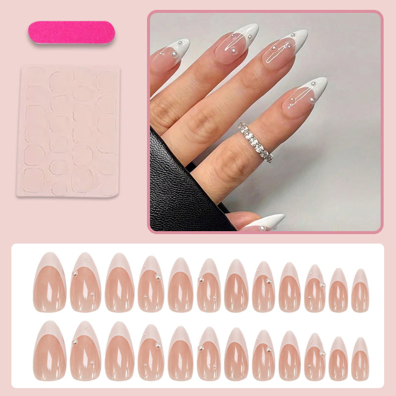 Artificial nail set with elegant French tip and shimmering pearl accents Kalsten