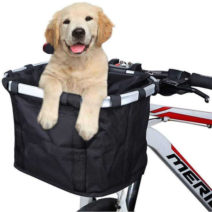 front-mounted collapsible aluminum framed pet bicycle basket with padded base and safety tether Kalsten