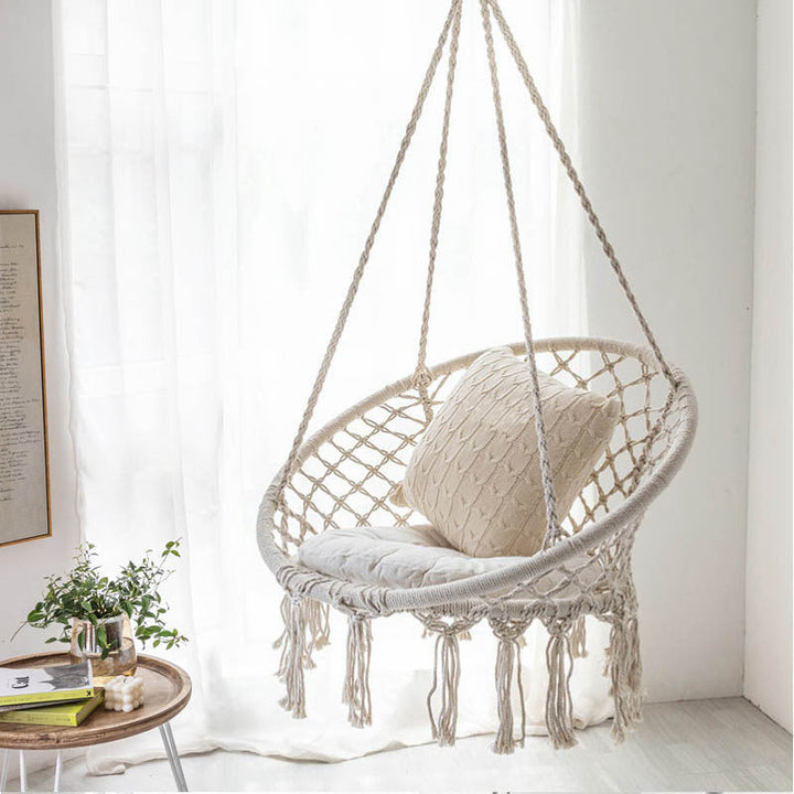 Macrame hanging swing chair boho woven fringe indoor outdoor hammock seat Kalsten