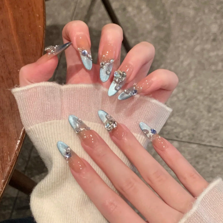 Artistic Press-On Nail Art Set with Floral and Gemstone Accents Kalsten
