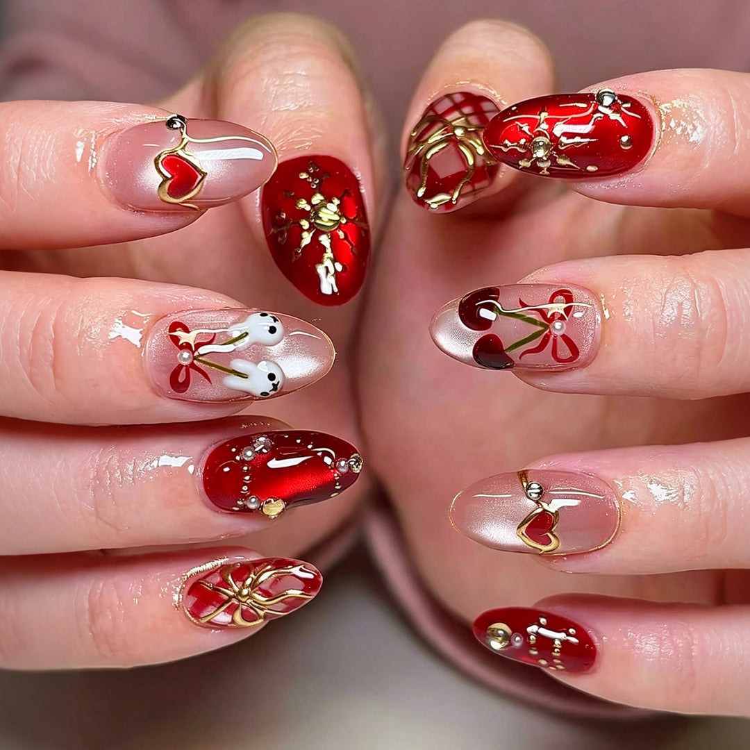 Artistic Press-On Nail Set with Heart and Floral Design Kalsten