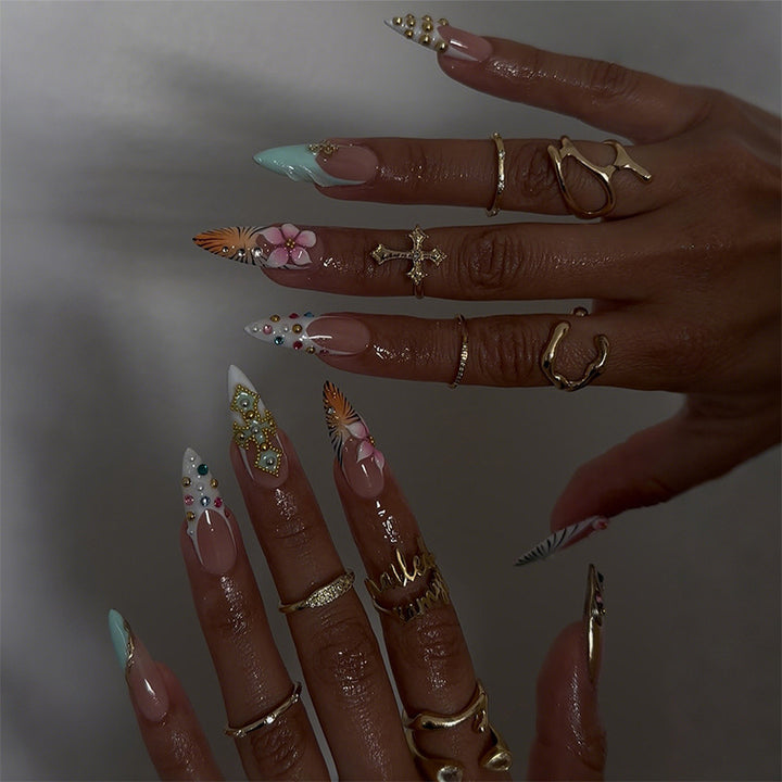 Artistic Decorative Press-On Nail Set with Floral Accents kalsten