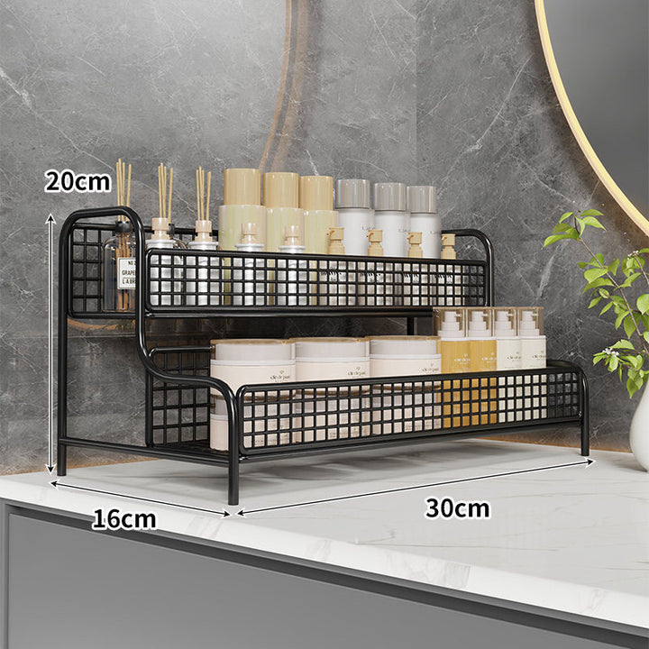Two-Tier Mesh Countertop Organizer Rack for Bathroom Vanity and Kitchen Spice Storage