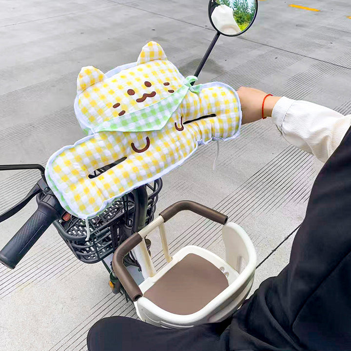 Plush handlebar cover for electric scooter with integrated hand warmer and cute cat design