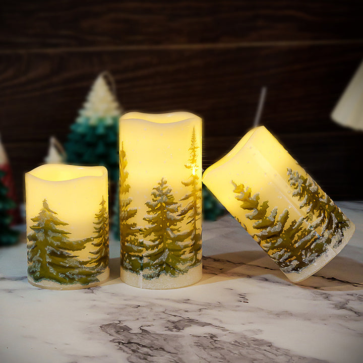 Hand-Painted Pine Forest Textured Pillar Candle for Tabletop Decor
