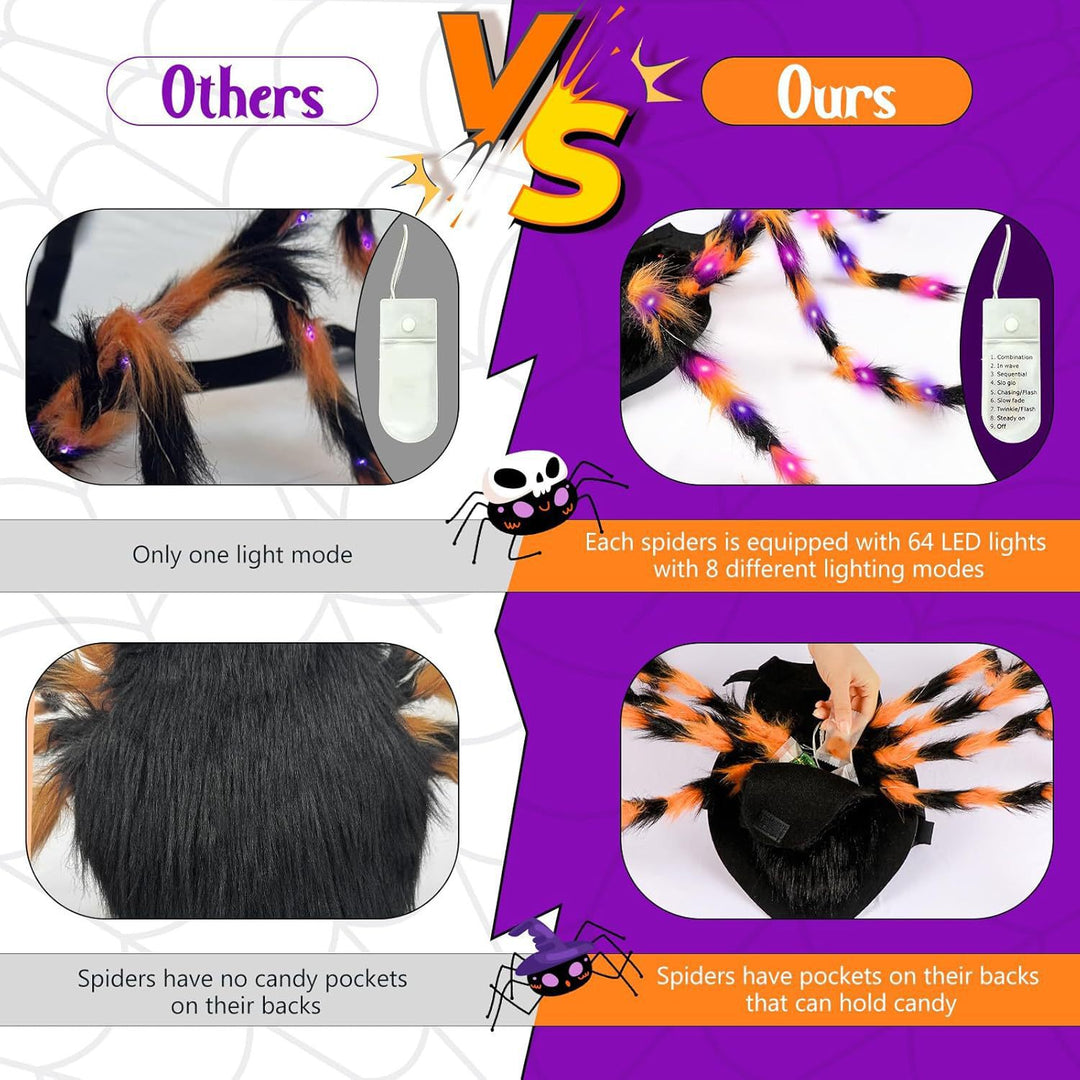 Adjustable pet spider costume with eight plush legs and velcro