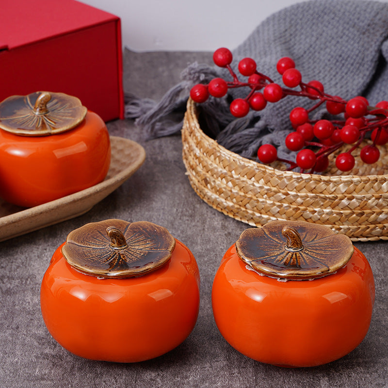 Ceramic Persimmon-Shaped Lidded Trinket Box