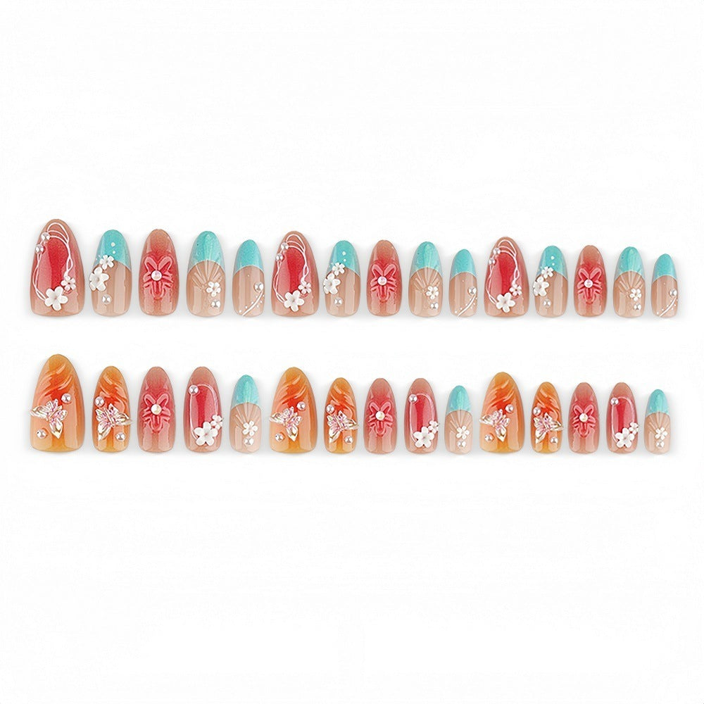 Artificial nail set with floral accents and glittering 3D applications Kalsten