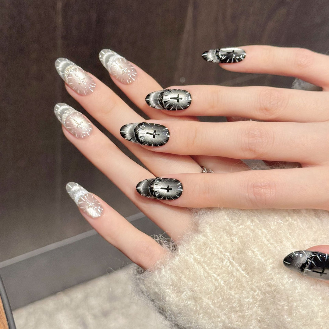 Artistic Press-On Nail Set with Gothic Patterns