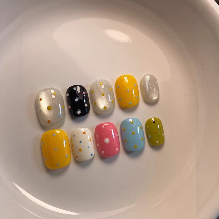 Artistic Press-On Nail Set with Colorful Dot Patterns
