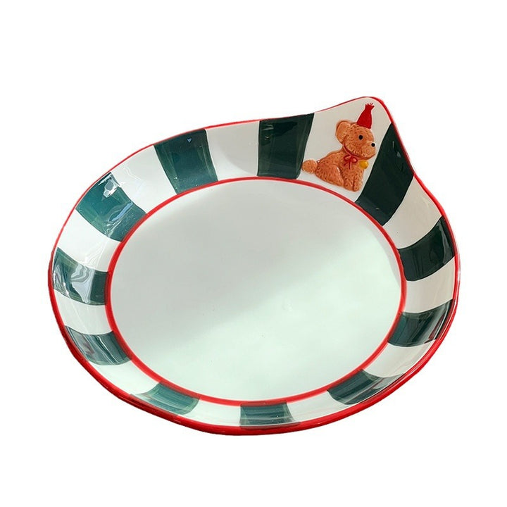 Decorative ceramic deep plate with pouring spout, striped rim and bear motif