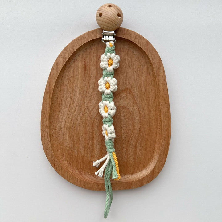 Macramé Flower Pacifier Clip with Wooden Safety Clamp
