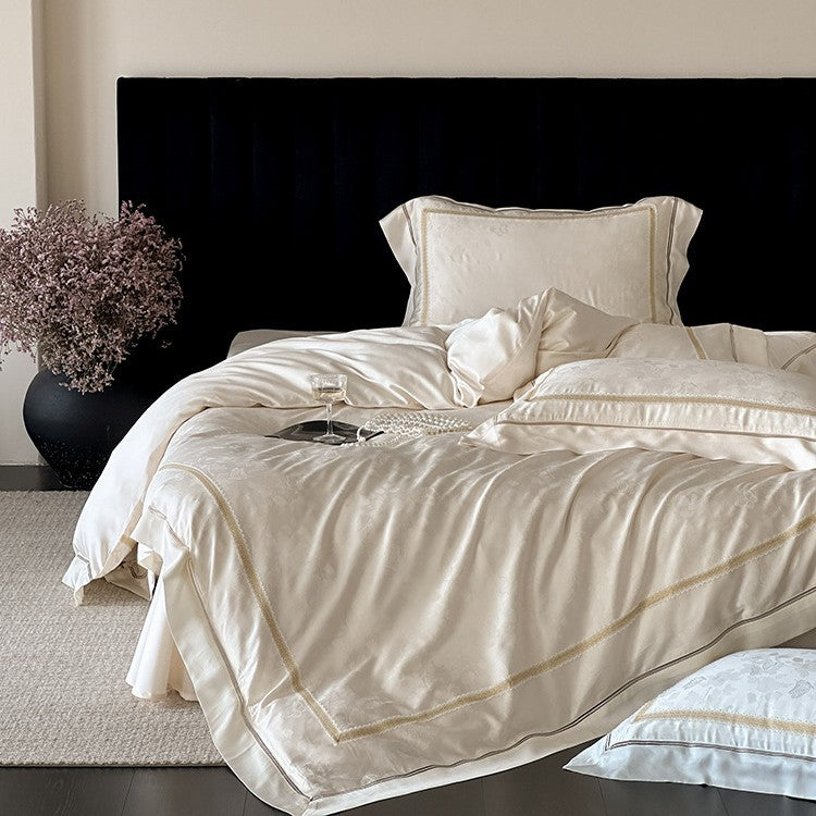 Luxurious cotton satin bedding set with jacquard floral pattern and embroidered border