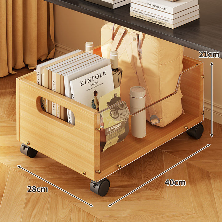 Under-Desk Rolling Storage Drawer with Wood Front and Metal Mesh Sides