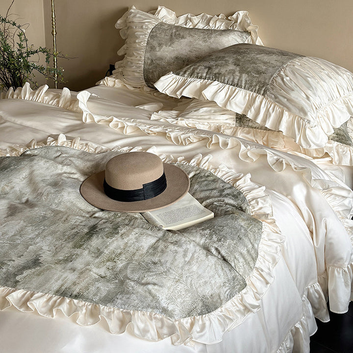 Luxurious Ruffle Bedding Set with Velvet Heart Appliqué