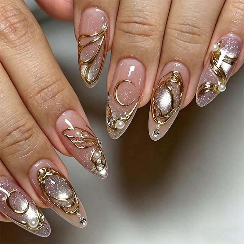 Artificial nail set with glamorous floral designs and creative glitter accents Kalsten