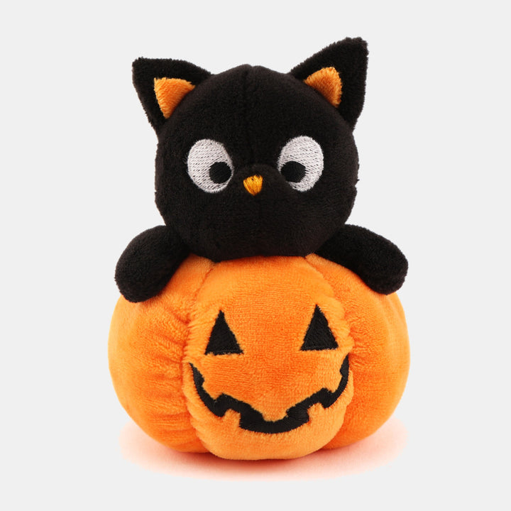 Plush figure cat on pumpkin with embroidered face