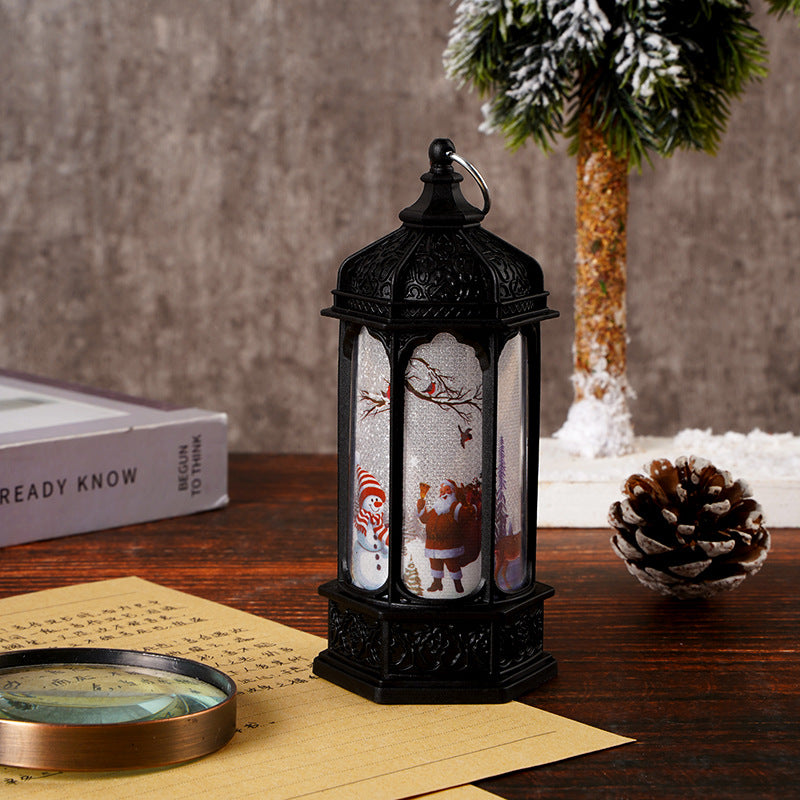 Vintage Moroccan-Style LED Snow Lantern with Rotating Christmas Scene