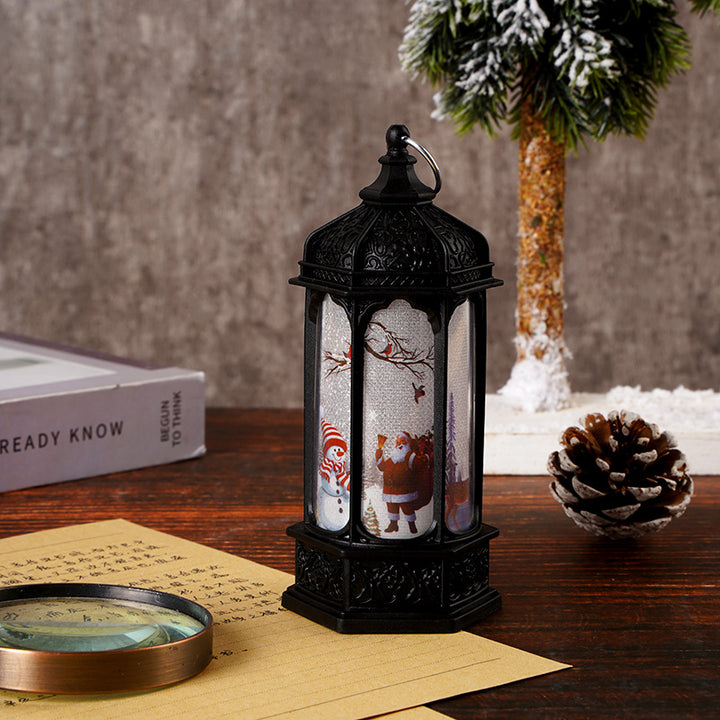 Vintage Moroccan-Style LED Snow Lantern with Rotating Christmas Scene