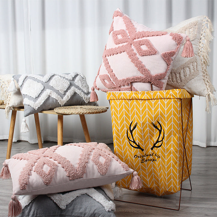 Decorative Boho Textured Lumbar Throw Pillow with Zigzag Tufted Crochet and Knotted Fringe
