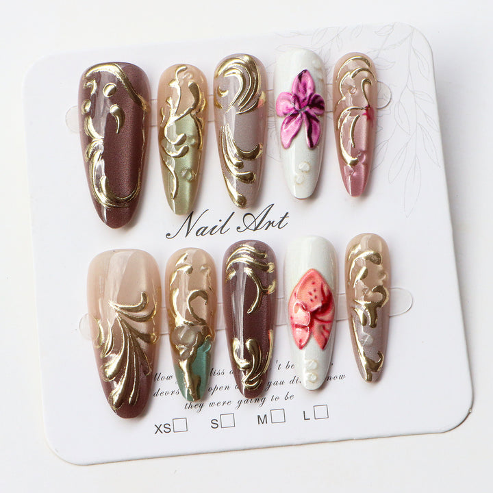 Artistic Press-On Nail Set with Floral Embellishments