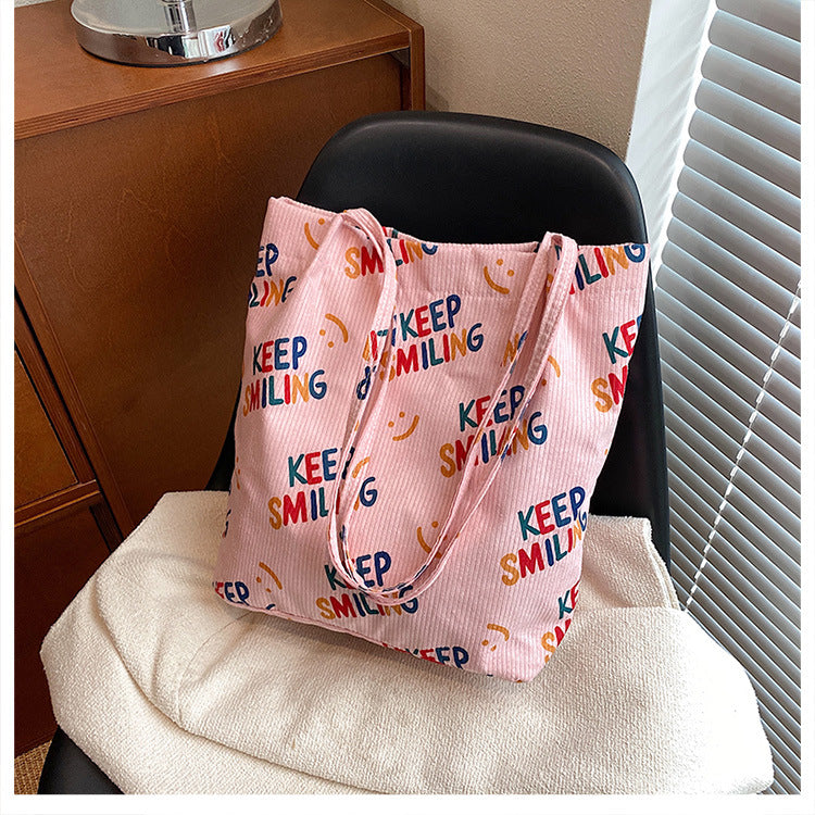 Smiley Face Patterned Canvas Tote Bag