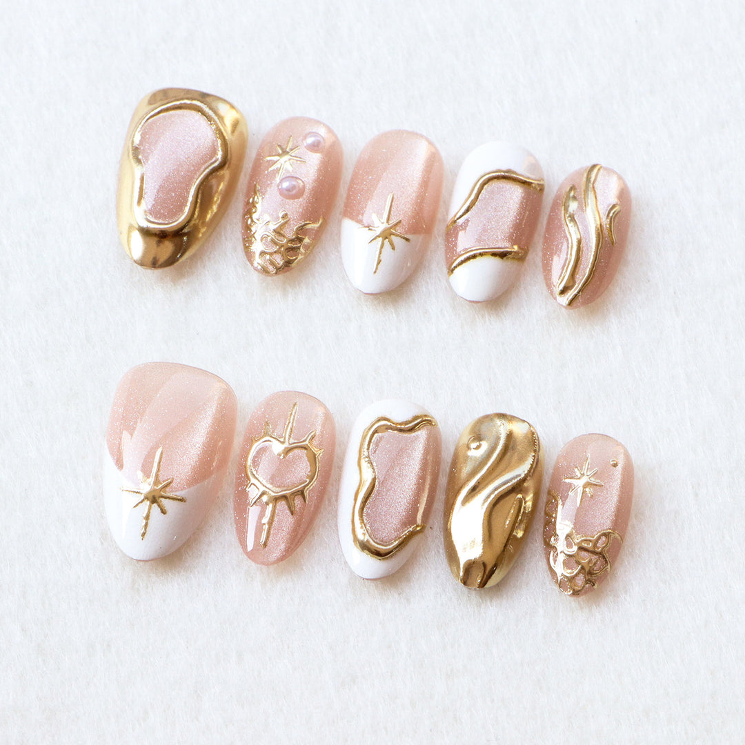 Artistic Press-On Nail Set with Gold Accents