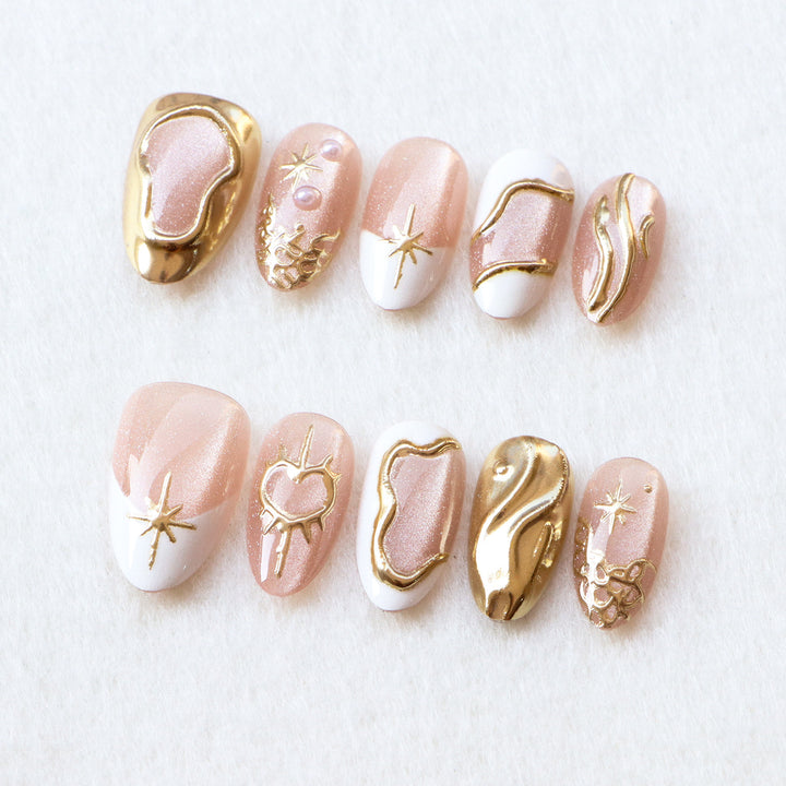 Artistic Press-On Nail Set with Gold Accents