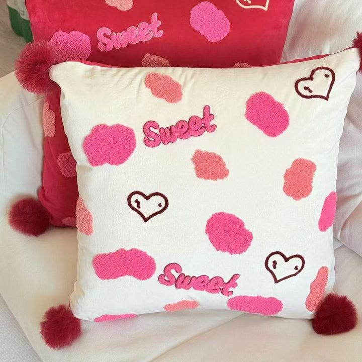 Colorful Chenille Tufted Square Throw Pillow with Plush Pom-Pom Corners and Removable Insert