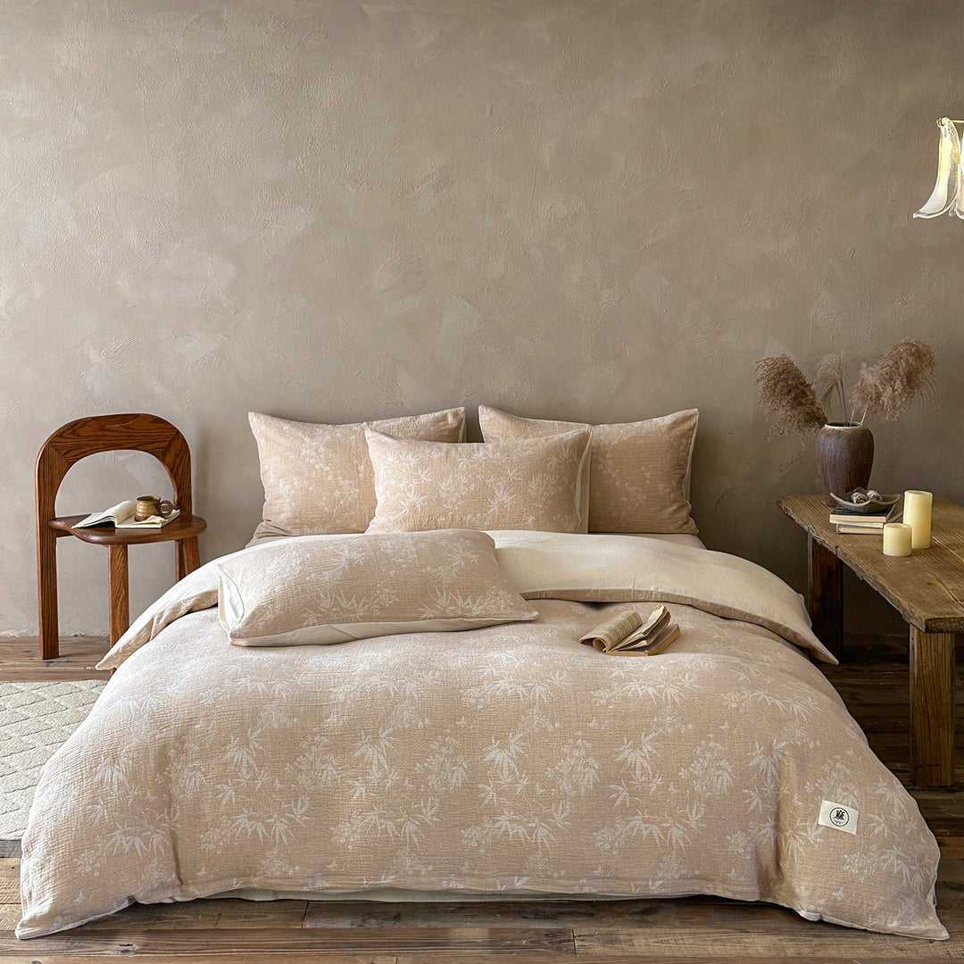 Luxurious cotton-linen bedding set with a lightweight quilted texture and floral jacquard