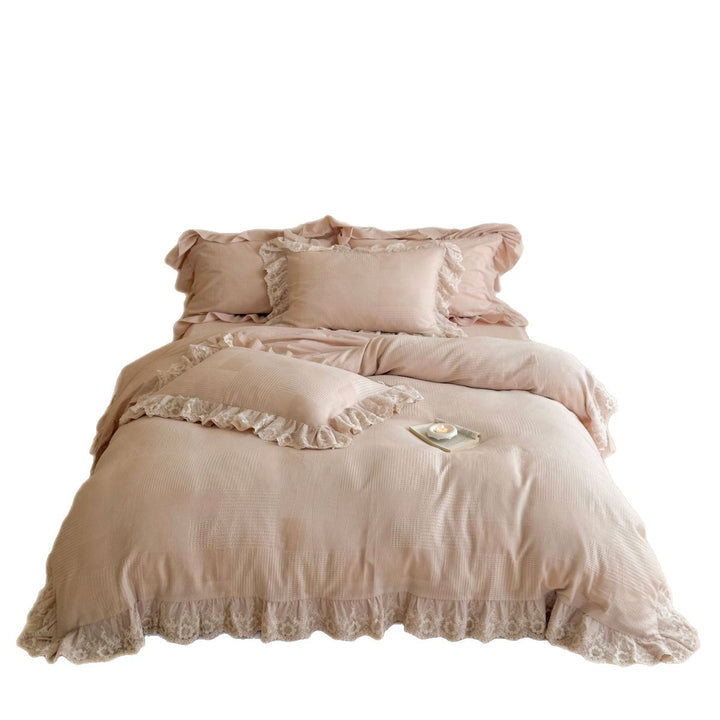 Cotton waffle bedding with floral lace ruffle and wavy hem