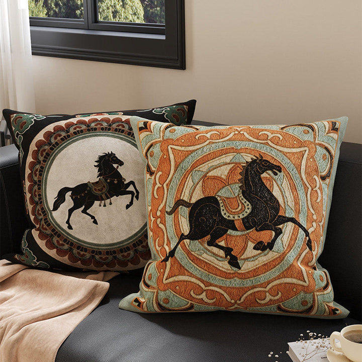 Embroidered Medallion Horse Velvet-Texture Decorative Throw Pillow Cover with Hidden Zipper