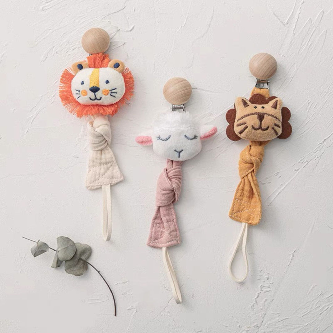 Pacifier and Comforter Clip with Wooden Safety Clasp