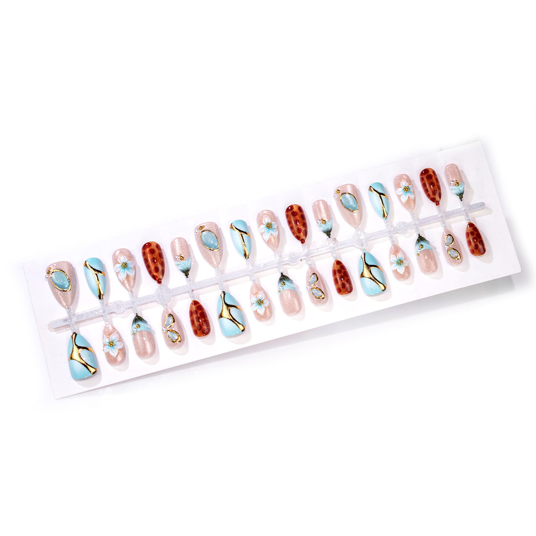 Artistic Press-On Nail Art Set with Floral and Geometric Features