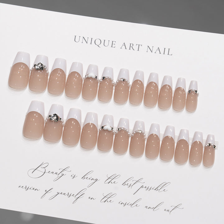 Decorative Press-On Nail Art Set with Heart and Rhinestone Accents