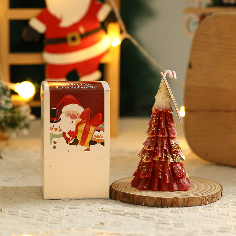 Festive Layered Pine-Needle Textured Decorative Tabletop Wax Tree Candle