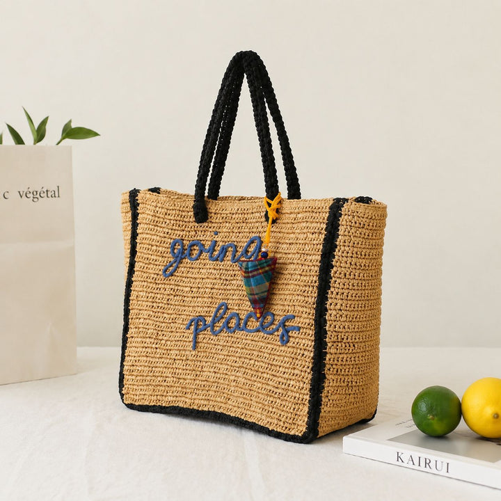 Bast tote bag with colorful patch Kalsten