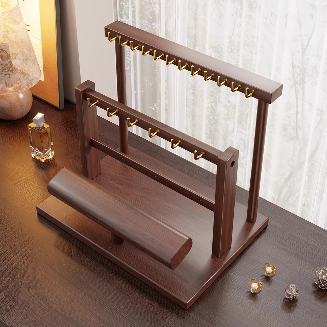 Wooden Dual-Tier Jewelry Organizer Stand with Necklace Hooks and Bracelet Display Bar
