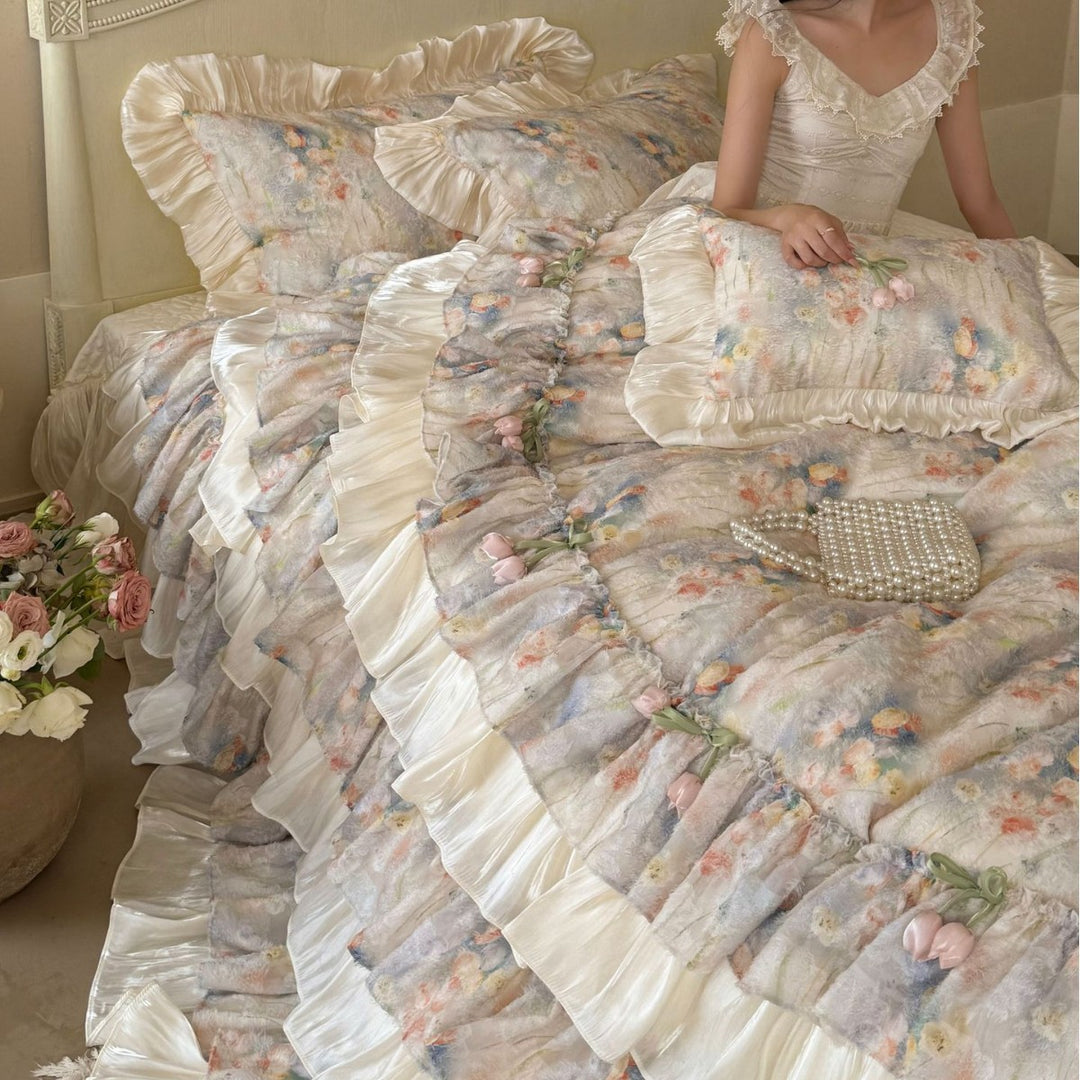 Romantic bedding set with layered ruffle, frills, and delicate watercolor flower print