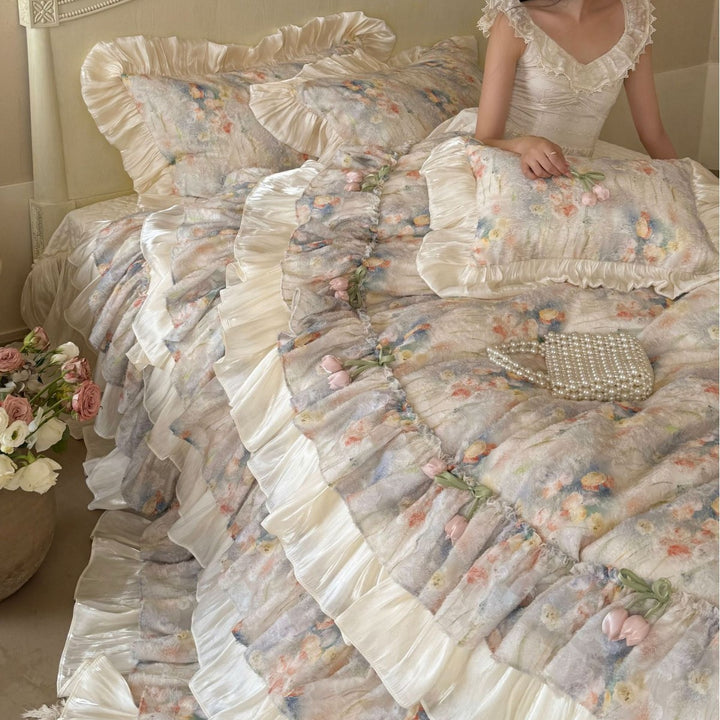 Romantic bedding set with layered ruffle, frills, and delicate watercolor flower print