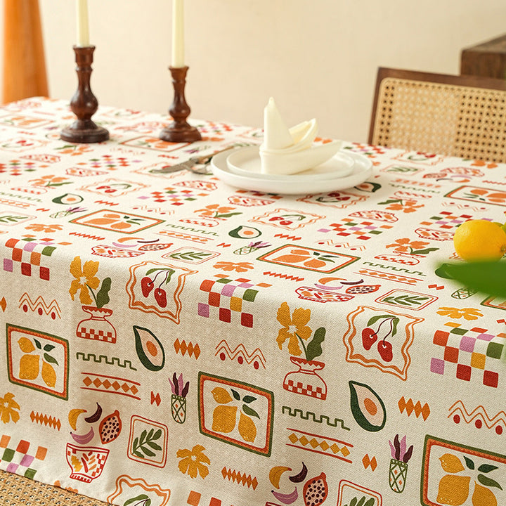 Tablecloth made of cotton-linen with Scandinavian leaf and checked pattern