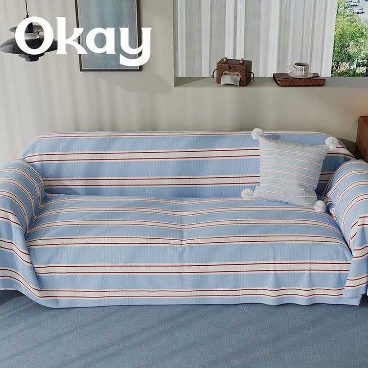 Reversible Plaid-Trim Sofa Slipcover and Throw Blanket Set