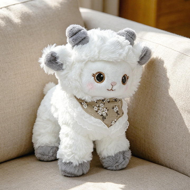 Curled-Horn Ram Plush Collectible with Embroidered Face, Bow Collar & Soft Faux Fur Kalsten