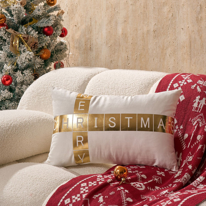 Velvet Foil-Block Crossword Lumbar Throw Pillow Cover with Hidden Zipper
