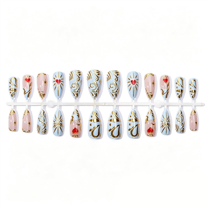 Artificial nail set with filigree golden accents and romantic heart motifs Kalsten