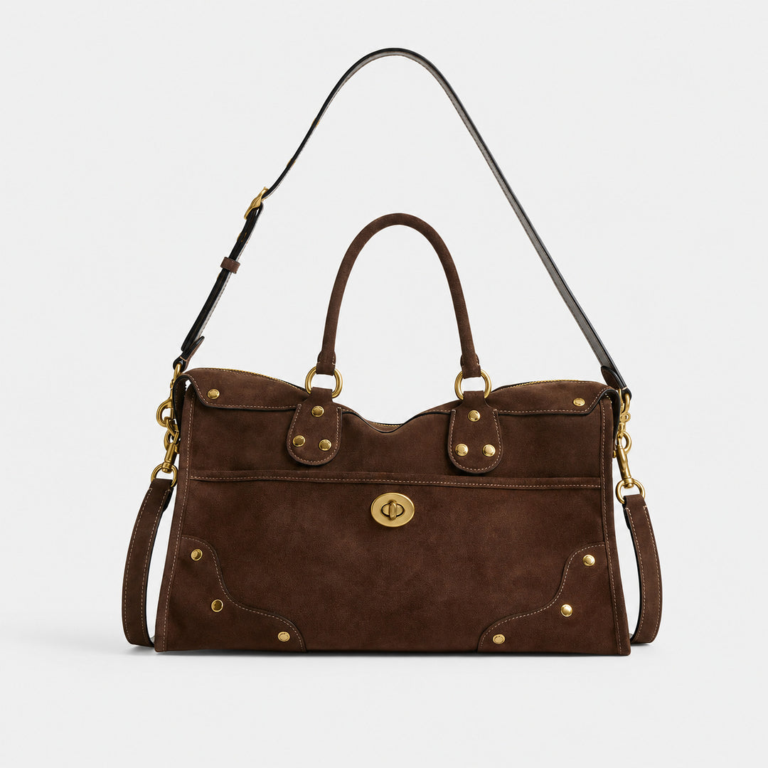 Elegant Suede Handbag with Brass Accents